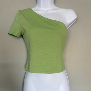 Light lime green half shoulder crop top